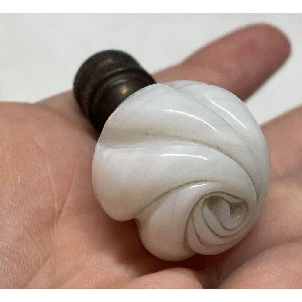 2" Antique Blown White Glass Rose Flower Lamp Finial Brass Victorian - Deco Era